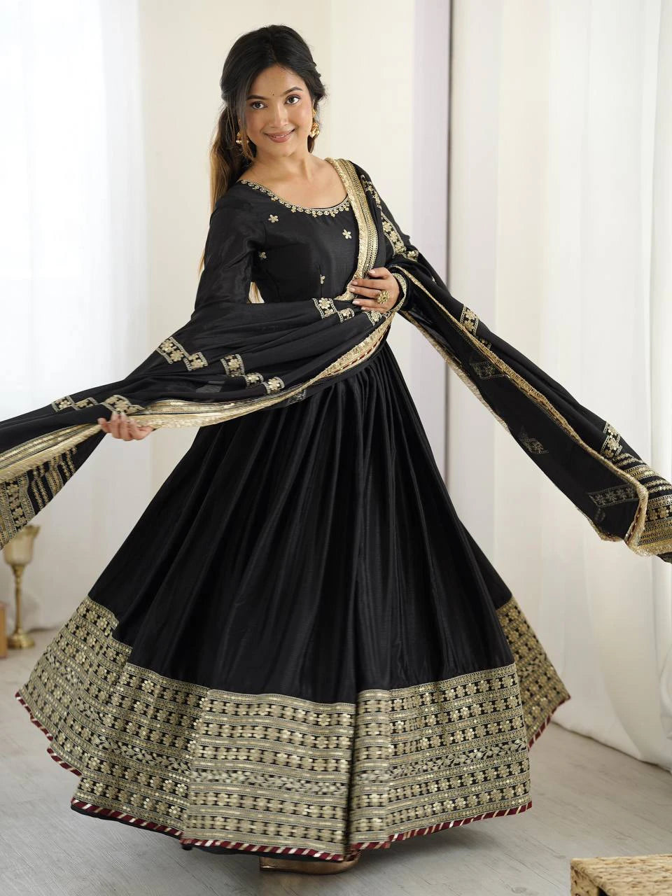 Black Chinon Thread Sequin Work Anarkali Pant Dupatta Set for Women Festive Wedding Party Wear Ethnic Dress