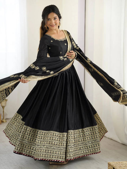 Black Chinon Thread Sequin Work Anarkali Pant Dupatta Set for Women Festive Wedding Party Wear Ethnic Dress