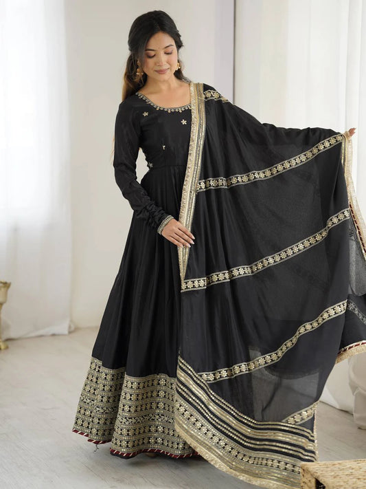 Black Chinon Thread Sequin Work Anarkali Pant Dupatta Set for Women Festive Wedding Party Wear Ethnic Dress