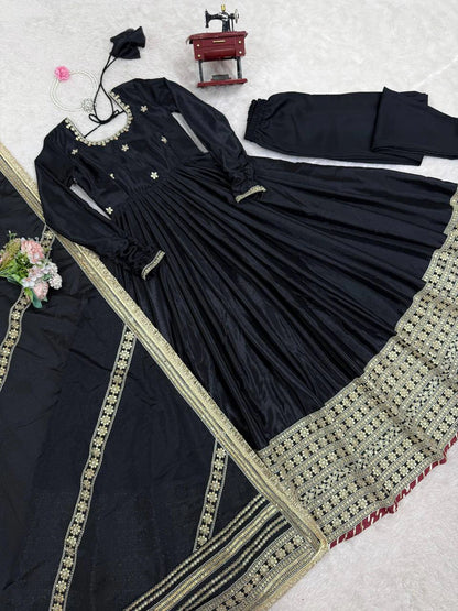 Black Chinon Thread Sequin Work Anarkali Pant Dupatta Set for Women Festive Wedding Party Wear Ethnic Dress