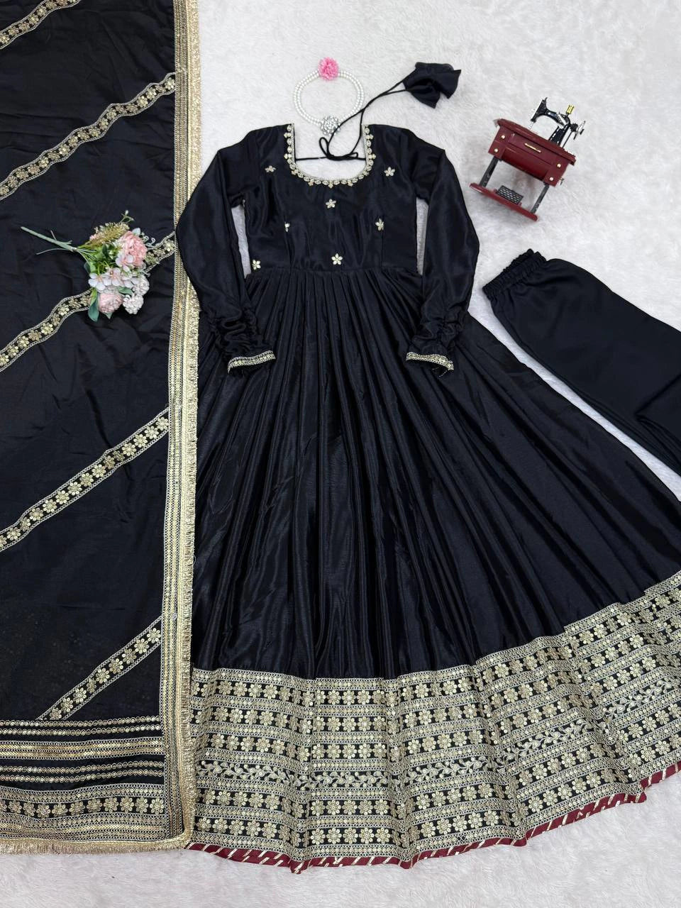 Black Chinon Thread Sequin Work Anarkali Pant Dupatta Set for Women Festive Wedding Party Wear Ethnic Dress