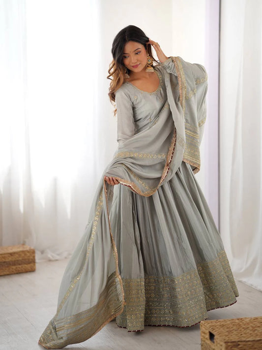 Grey Chinon Thread Sequin Work Anarkali Pant Dupatta Set for Women Festive Wedding Party Wear Ethnic Dress