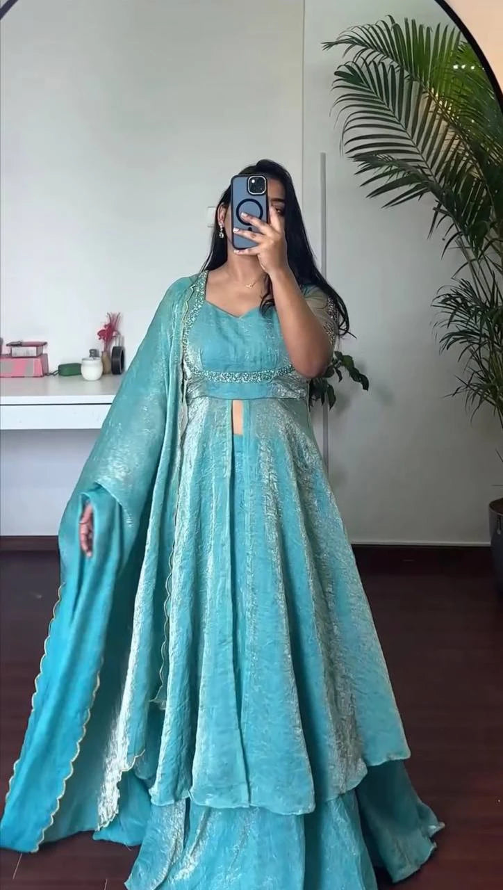 Turquoise Blue Front Slit Anarkali Plazzo Dupatta Set for Women Festive Wedding Party Wear Ethnic Dress