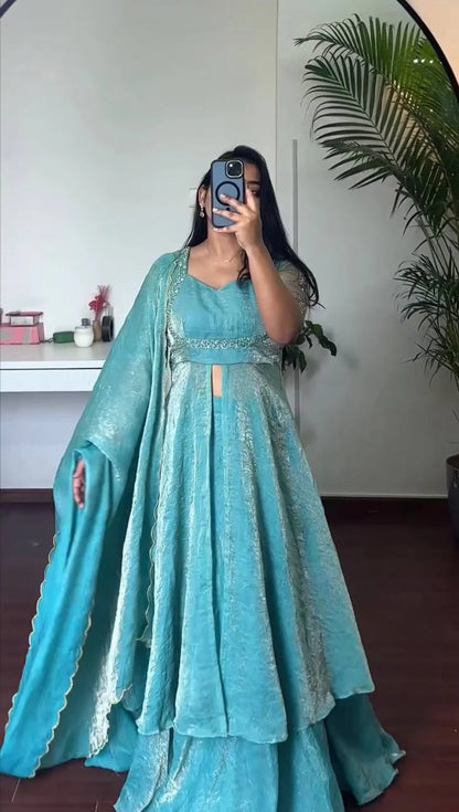 Turquoise Blue Front Slit Anarkali Plazzo Dupatta Set for Women Festive Wedding Party Wear Ethnic Dress