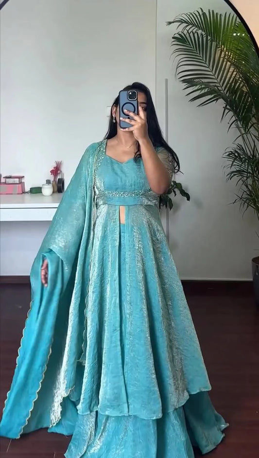 Turquoise Blue Front Slit Anarkali Plazzo Dupatta Set for Women Festive Wedding Party Wear Ethnic Dress