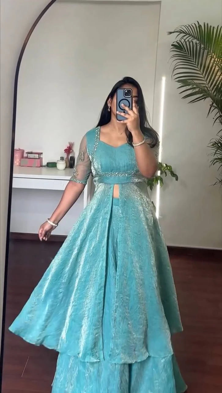 Turquoise Blue Front Slit Anarkali Plazzo Dupatta Set for Women Festive Wedding Party Wear Ethnic Dress