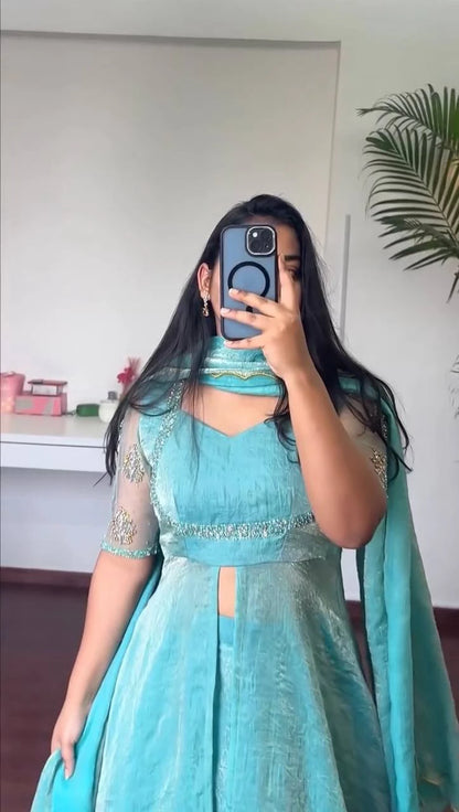 Turquoise Blue Front Slit Anarkali Plazzo Dupatta Set for Women Festive Wedding Party Wear Ethnic Dress