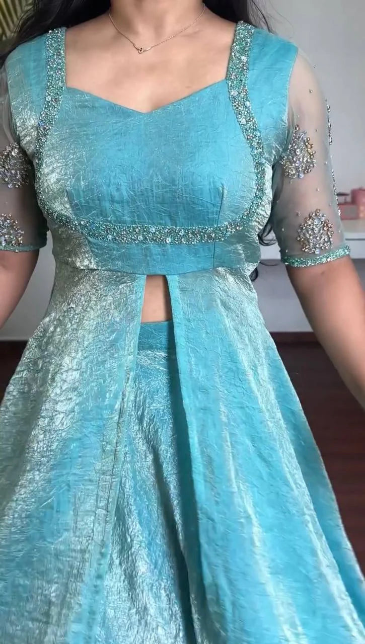 Turquoise Blue Front Slit Anarkali Plazzo Dupatta Set for Women Festive Wedding Party Wear Ethnic Dress