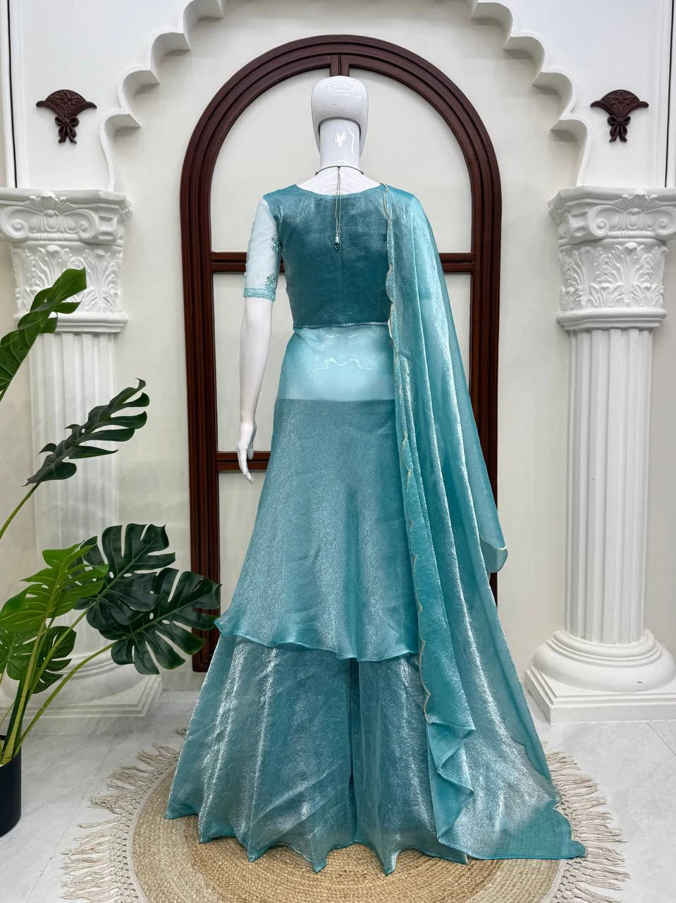 Turquoise Blue Front Slit Anarkali Plazzo Dupatta Set for Women Festive Wedding Party Wear Ethnic Dress