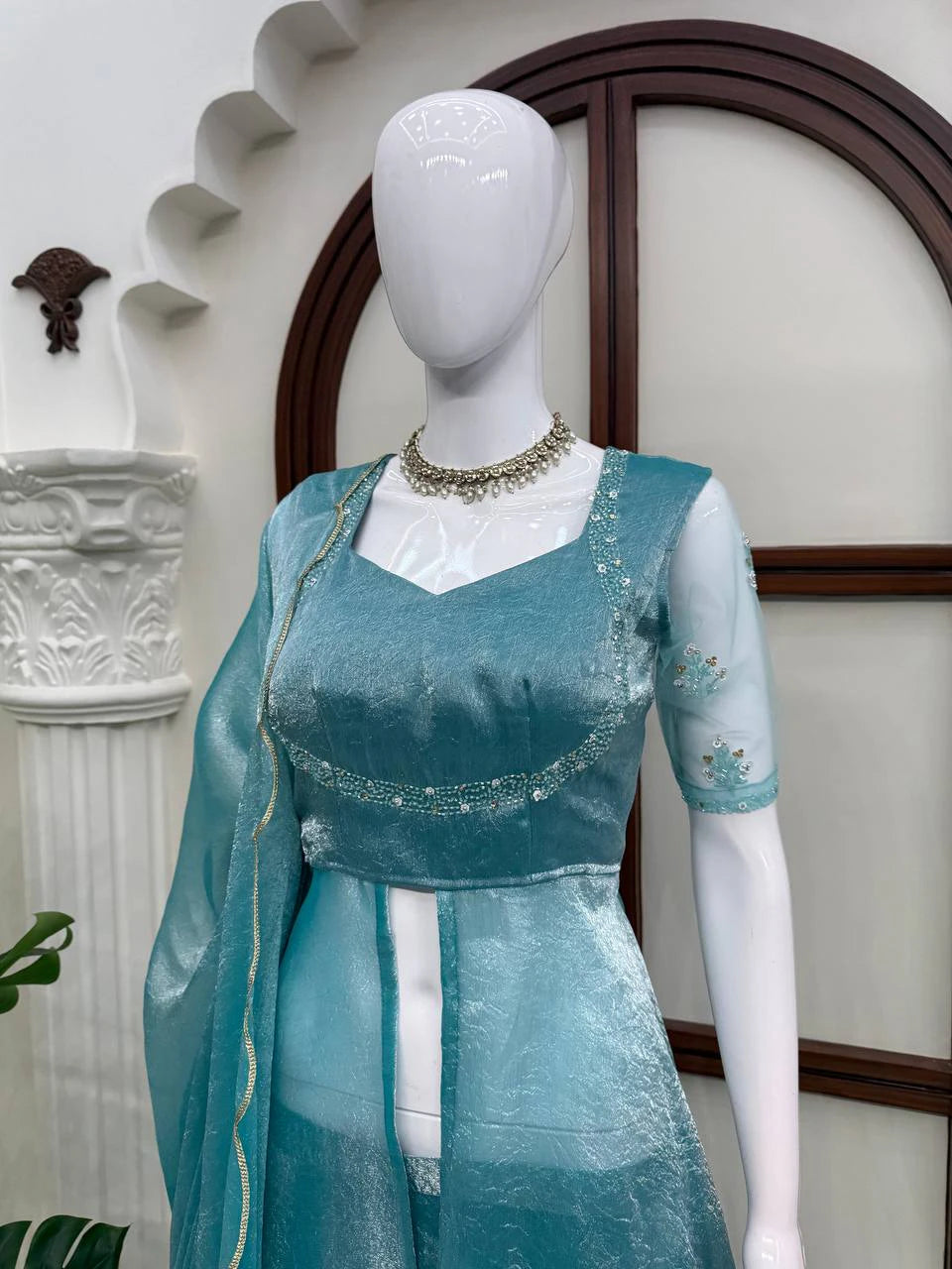 Turquoise Blue Front Slit Anarkali Plazzo Dupatta Set for Women Festive Wedding Party Wear Ethnic Dress
