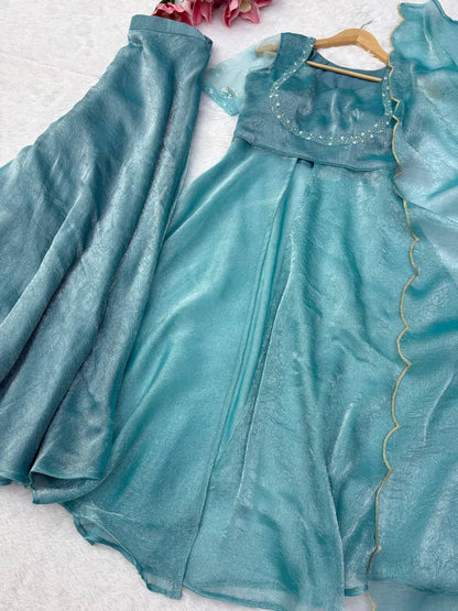 Turquoise Blue Front Slit Anarkali Plazzo Dupatta Set for Women Festive Wedding Party Wear Ethnic Dress