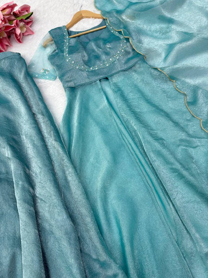 Turquoise Blue Front Slit Anarkali Plazzo Dupatta Set for Women Festive Wedding Party Wear Ethnic Dress