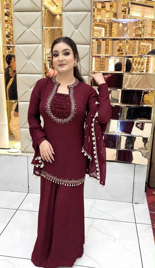 Wine Faux Georgette Hand Work Plazoo Suit with Dupatta for Women Festive Wedding Party Wear Ethnic Dress