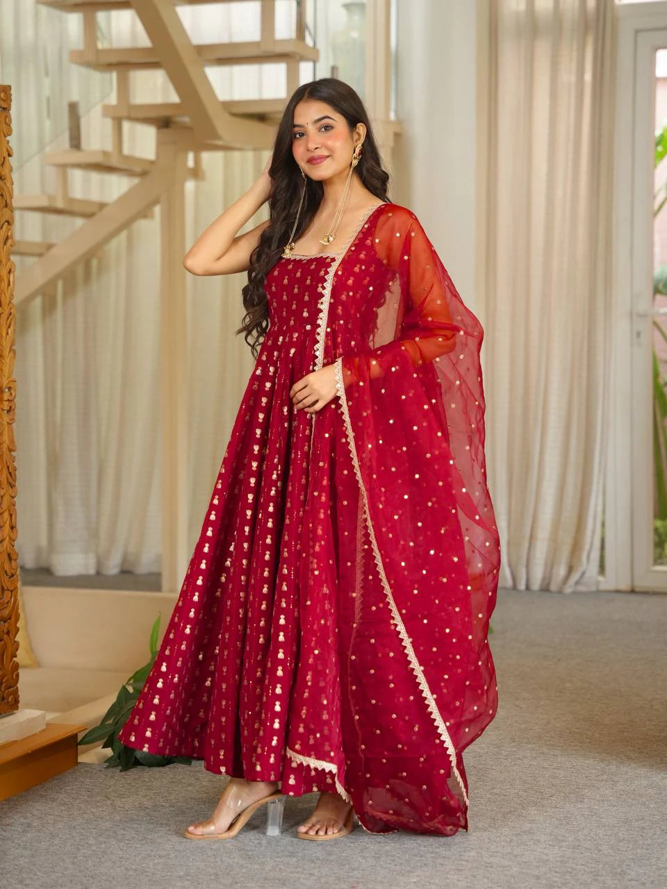 Red Jacquard Butti Anarkali Pant Dupatta Set for Women Festive Wedding Party Wear Ethnic Dress