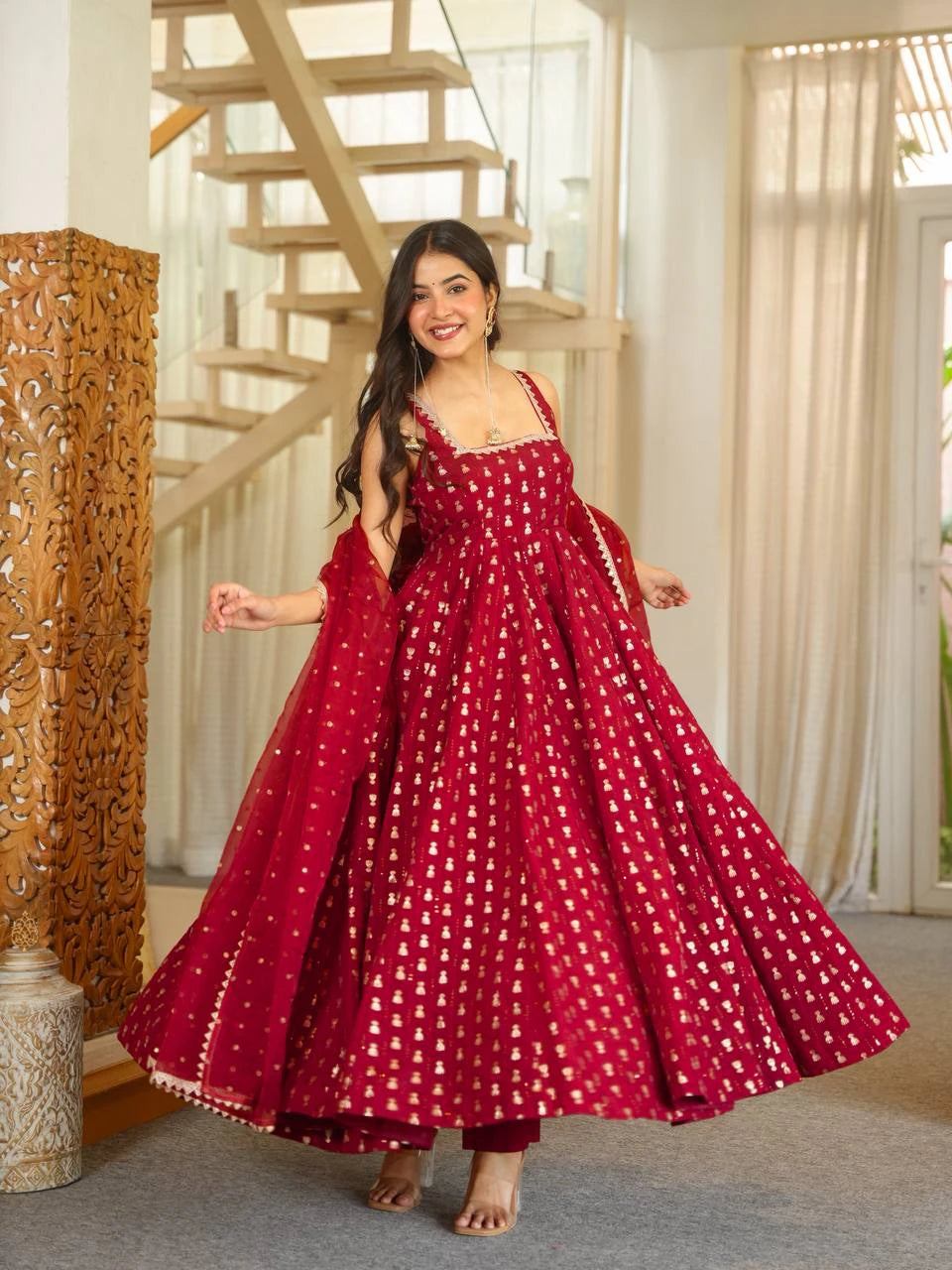 Red Jacquard Butti Anarkali Pant Dupatta Set for Women Festive Wedding Party Wear Ethnic Dress