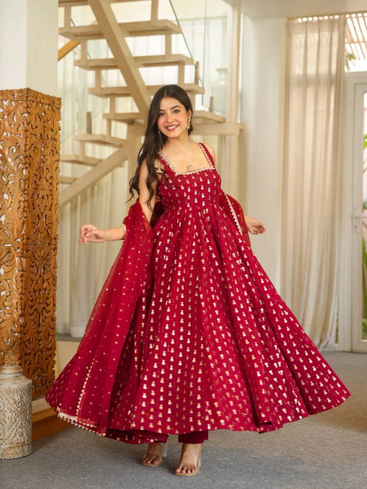 Red Jacquard Butti Anarkali Pant Dupatta Set for Women Festive Wedding Party Wear Ethnic Dress