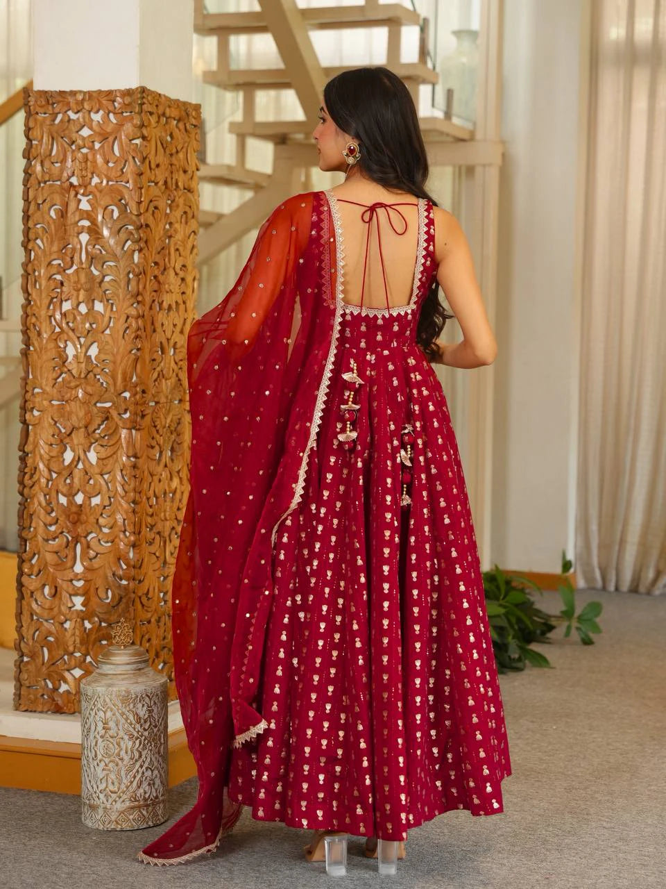 Red Jacquard Butti Anarkali Pant Dupatta Set for Women Festive Wedding Party Wear Ethnic Dress