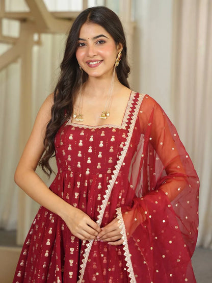 Red Jacquard Butti Anarkali Pant Dupatta Set for Women Festive Wedding Party Wear Ethnic Dress