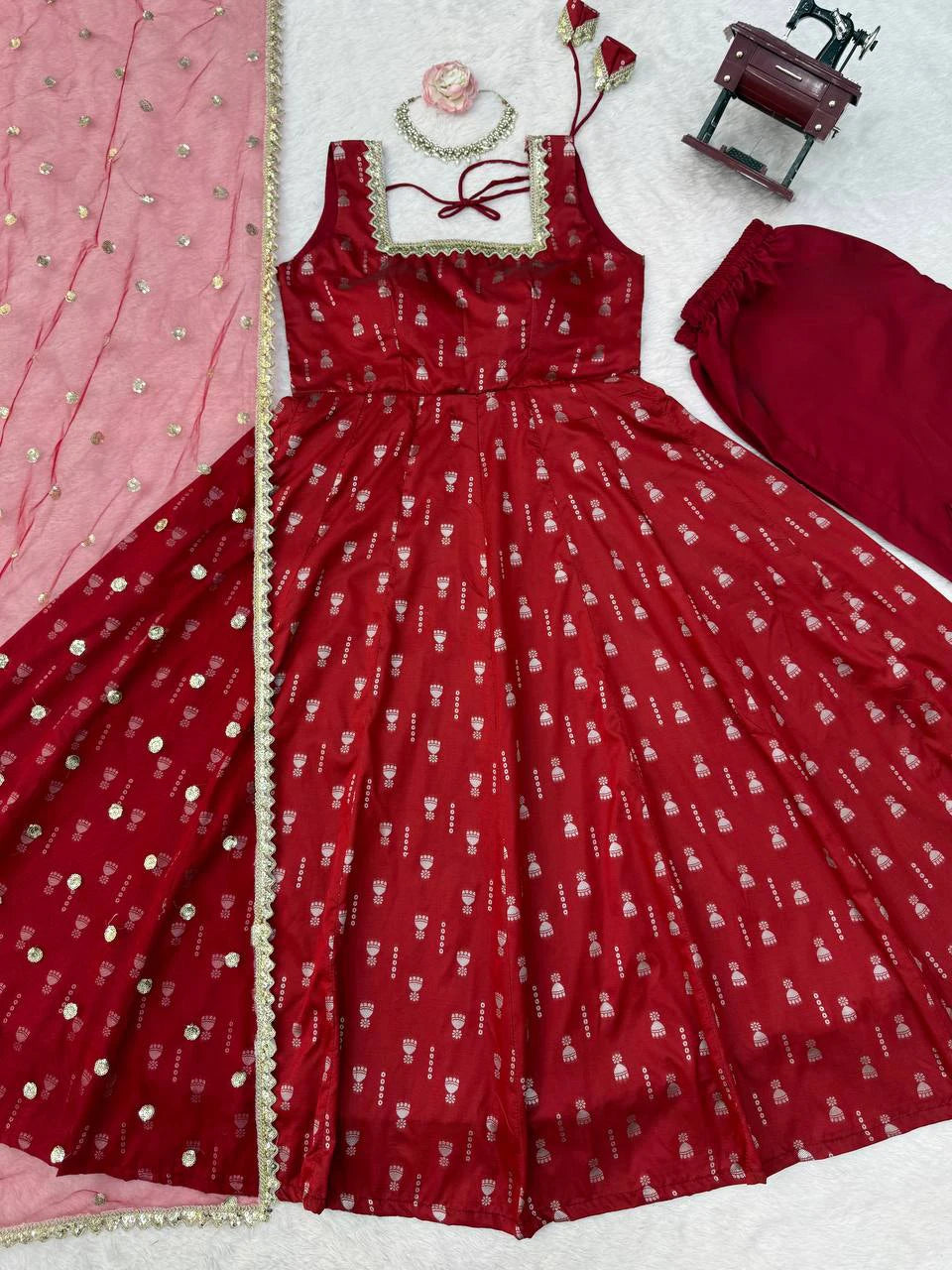Red Jacquard Butti Anarkali Pant Dupatta Set for Women Festive Wedding Party Wear Ethnic Dress