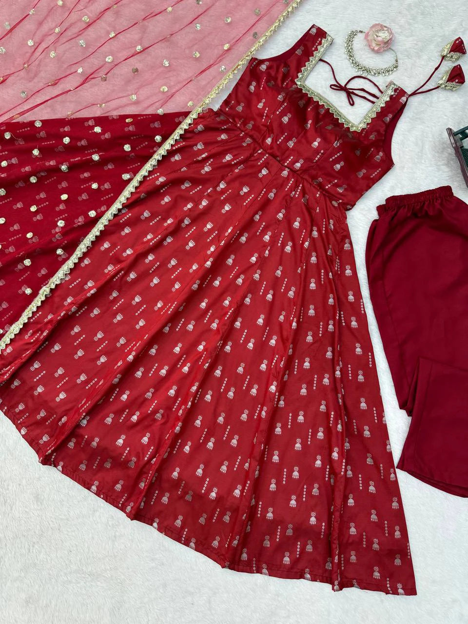 Red Jacquard Butti Anarkali Pant Dupatta Set for Women Festive Wedding Party Wear Ethnic Dress
