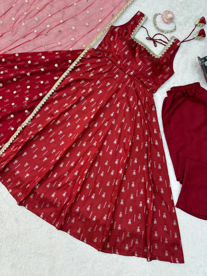 Red Jacquard Butti Anarkali Pant Dupatta Set for Women Festive Wedding Party Wear Ethnic Dress