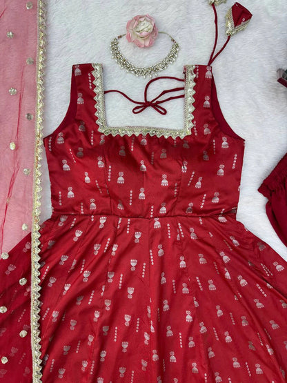 Red Jacquard Butti Anarkali Pant Dupatta Set for Women Festive Wedding Party Wear Ethnic Dress