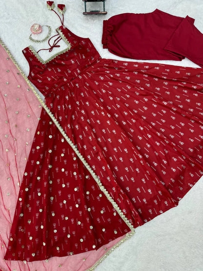 Red Jacquard Butti Anarkali Pant Dupatta Set for Women Festive Wedding Party Wear Ethnic Dress