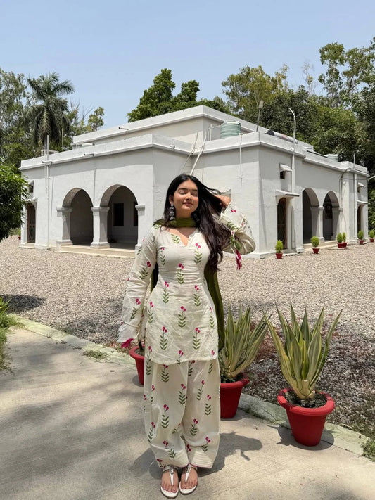 Cream Floral Printed Cotton Kurta Pant Set with Matching Dupatta for Everyday Ethnic Wear