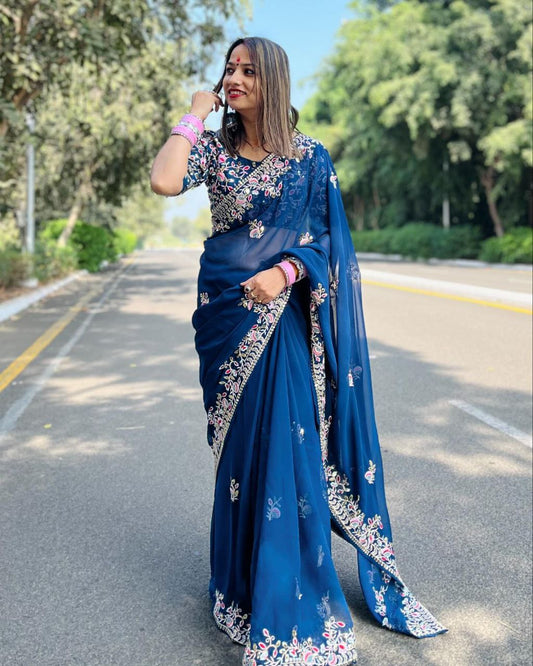 Blue Soft Rangoli Silk Sequence Work Saree With Blouse
