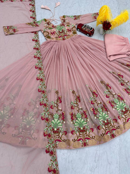 Designer Embroidered Gown With Pant and Dupatta Set