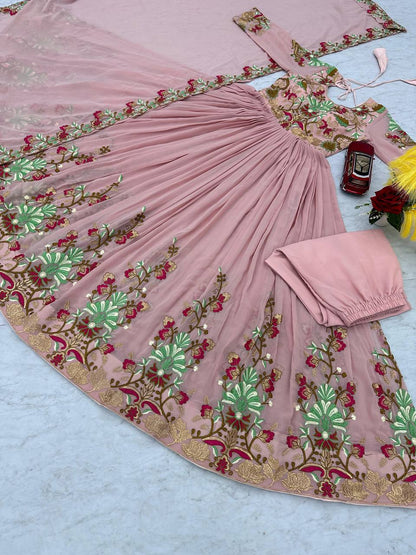 Designer Embroidered Gown With Pant and Dupatta Set