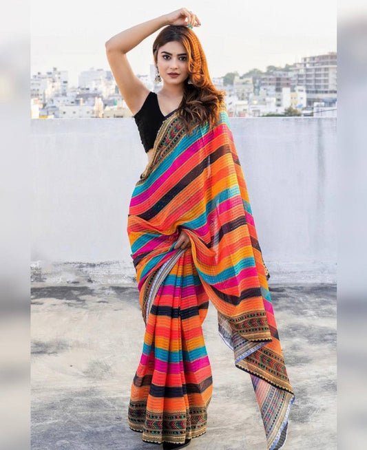 Heavy Georgette Digital Print With Sequence Work Line Saree