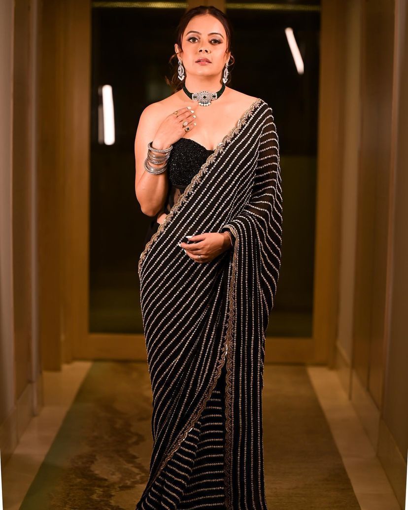 Black Georgette Saree with Zari and Sequins Embroidery
