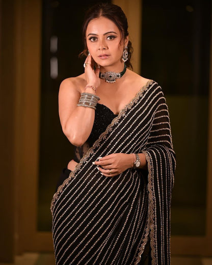 Black Georgette Saree with Zari and Sequins Embroidery