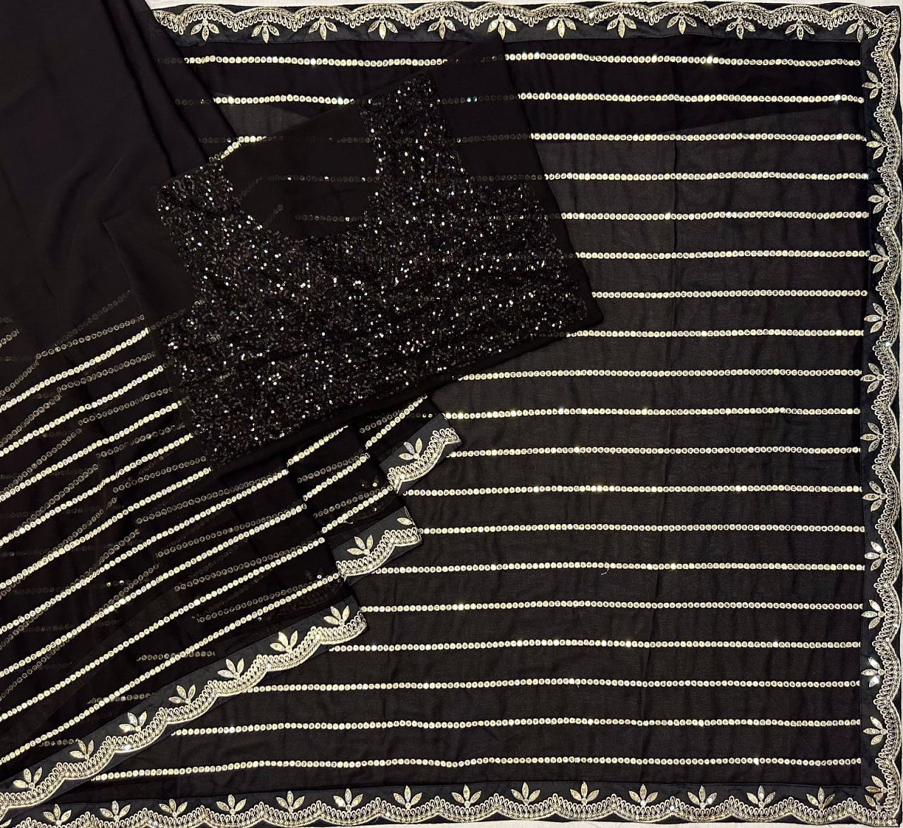 Black Georgette Saree with Zari and Sequins Embroidery