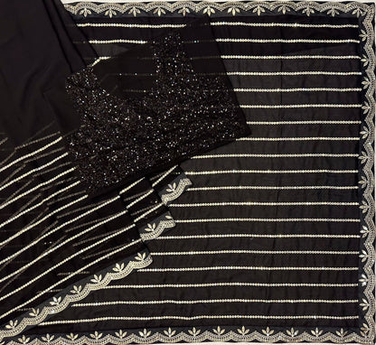 Black Georgette Saree with Zari and Sequins Embroidery