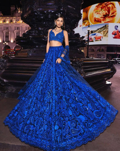 Wedding Wear Zari With Sequence Work Blue Color Lehenga Choli