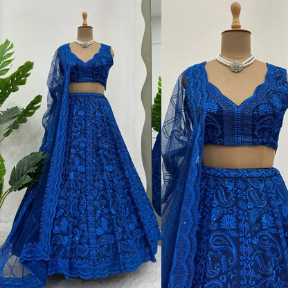 Wedding Wear Zari With Sequence Work Blue Color Lehenga Choli
