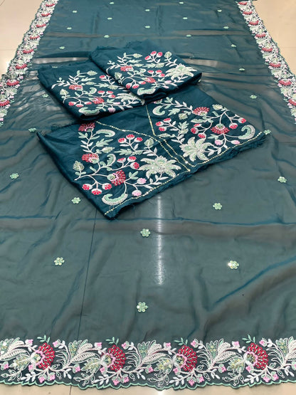 Elegant Green Colored Tabby Organza saree