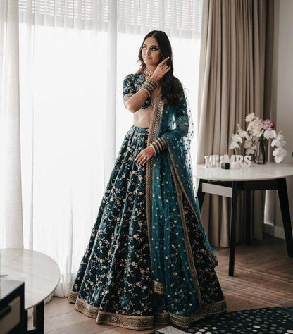 Bottle Green Velvet Lehenga Choli with Zari and Codding Dori Embroidery Work