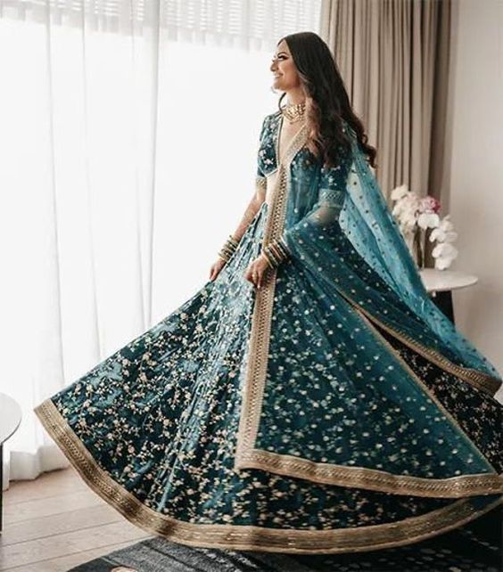 Bottle Green Velvet Lehenga Choli with Zari and Codding Dori Embroidery Work