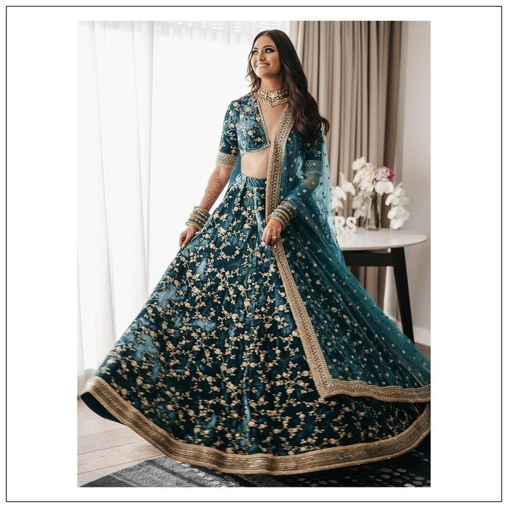 Bottle Green Velvet Lehenga Choli with Zari and Codding Dori Embroidery Work