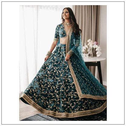 Bottle Green Velvet Lehenga Choli with Zari and Codding Dori Embroidery Work