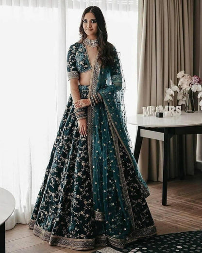 Bottle Green Velvet Lehenga Choli with Zari and Codding Dori Embroidery Work