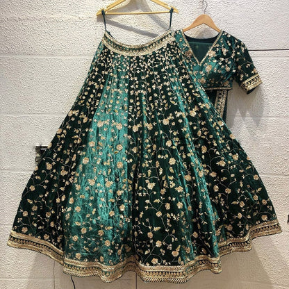 Bottle Green Velvet Lehenga Choli with Zari and Codding Dori Embroidery Work