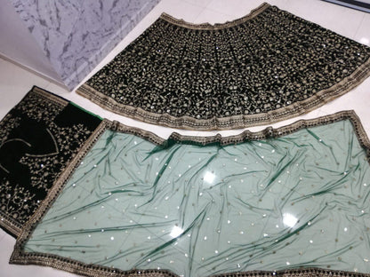 Bottle Green Velvet Lehenga Choli with Zari and Codding Dori Embroidery Work