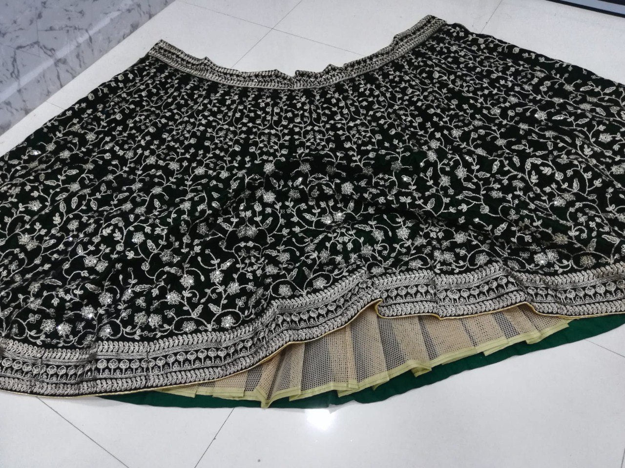 Bottle Green Velvet Lehenga Choli with Zari and Codding Dori Embroidery Work