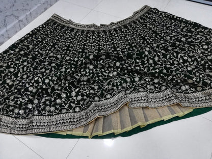 Bottle Green Velvet Lehenga Choli with Zari and Codding Dori Embroidery Work