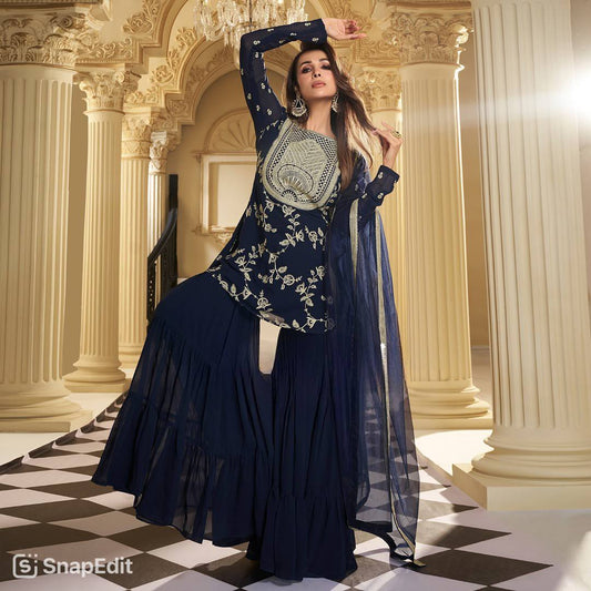 New Designer Party Wear Look Top Sharara Palazzo and Dupatta