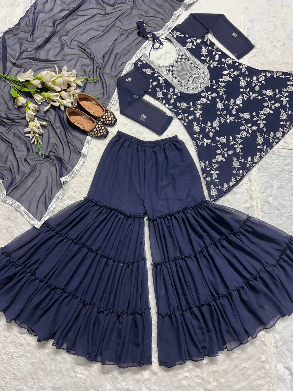 New Designer Party Wear Look Top Sharara Palazzo and Dupatta